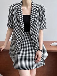 Robes de travail Jyate rétro Plaid costume à manches courtes veste a-ligne jupe deux pièces ensemble pour femmes mode courte 2 pièces vêtements pour femmes