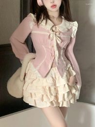 Werk Jurken Kawaii 2 Delige Set Rok Meisjes Japanse Stijl Roze Zoete Tops Casual Slim Mini Cake Mode Lolita Kleding vrouw 2024