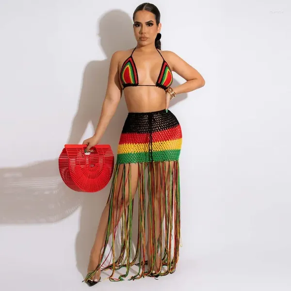 Robes de travail KEXU rayé Crochet tricot deux pièces ensemble licou cou haut frange jupe longue femmes mode Bikini tenues de plage