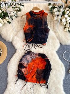 Robes de travail Kimomomo American Spicy Girl 2 Pieces Sets Summer Irregular Tie Dye Imprimé Viete Crop Top Mini jupe sexy Fashion Y2K Costumes
