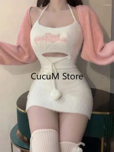 Werk Jurken Gebreide Kleding Kawaii 2 Delige Set Vrouwen Roze Korte Trui Vest Slanke Bodycon Jurk Japanse Mode Pak 2023 herfst