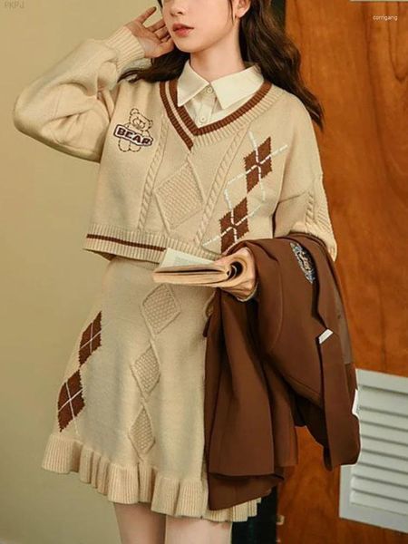 Robes de travail tricotées coréennes douces en deux pièces Femmes Vintage Elegant Party Mini Jirt Suit femelle Y2k Pullover Pull Elastic 2024