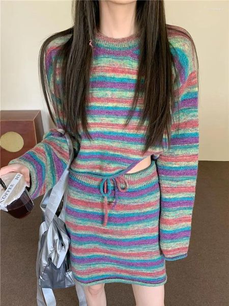 Vestidos de trabajo Traje de punto Mujer Otoño Primavera Corto Vintage Manga completa Suéter suelto Falda de cintura elástica Conjunto de 2 piezas Mori Girl All-match
