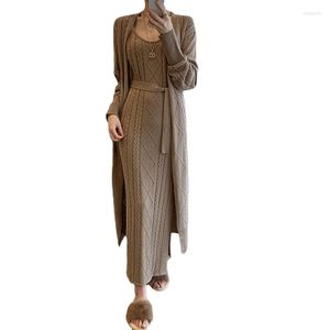 Robes de travail pull tricoté remorquage pièce ensemble femmes Long Cardigan manteau à lacets sans manches gilet Maxi robe ensembles français Vintage costume femme