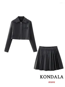 Robes de travail KONDALA Vintage noir solide Chic en cuir femmes costume à manches longues vestes courtes fermeture éclair volants mini jupe mode 2024 automne
