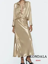 Robes de travail KONDALA Vintage Gold 2 pièces costumes femmes manches longues chemises brillantes taille haute jupes droites mode 2024 ensembles élégants