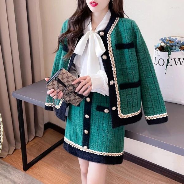 Vestidos de trabajo Corea Fashion Autumn Women Long-Long Mink Hair Cardigan Chaqueta Cálme de cintura alta Pliad casual Dos piezas Femenina