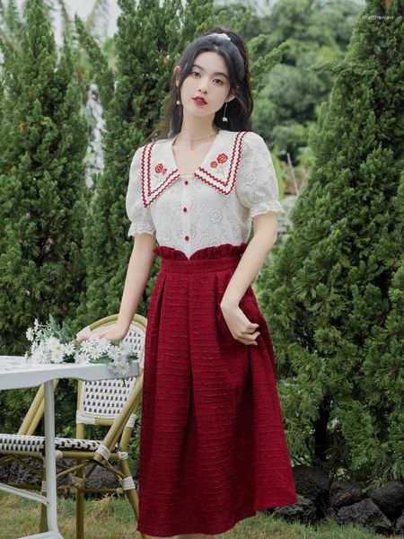 Robes de travail Corée Elegant Two Piece Women Jupe Set Sweet Overifits Lace Blouse Blouse Red MIDI JOURTS COREAN FASHIE 2PCS VOIGNE