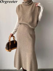 Werkjurken Korea Fashion Fall Winter Breaked Two -Pally Set for Women Chic Turtlenck Sweater Vest High Taille Bodycon Rok Sets