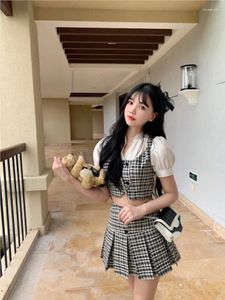 Werk jurken Korea -stijl chique rok met korte mouwen pak mode zoete witte plaid 2 stuks set outfits zomer slanke top mini rokken