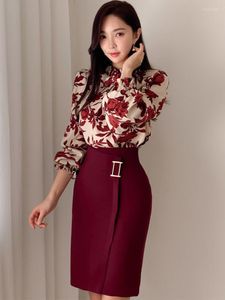 Vestidos de trabajo Traje coreano de 2 piezas Mujeres elegantes Temperamento Vintage Floral Tops Camisa Blusa Cintura alta Midi Falda Mujer Femme Conjuntos delgados