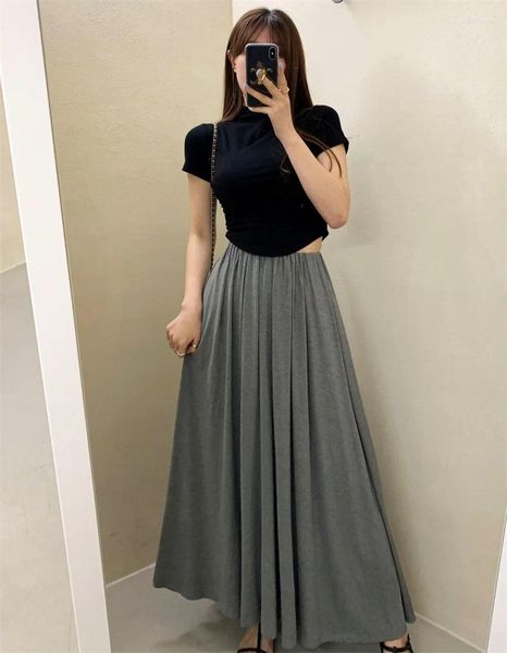 Vestidos de trabajo Conjunto de 2 piezas coreano Moda elegante para mujer Camiseta de manga corta de punto negro Top Gris Cintura alta Falda larga delgada de una línea