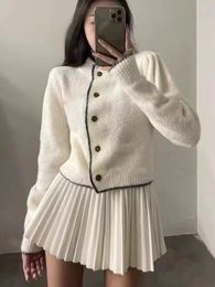 Arbeitskleider Koreanisches 2-teiliges Set Damen Langarm Einreiher Strickjacke Solide Plissee Minirock Herbst Winter Mode Outfits