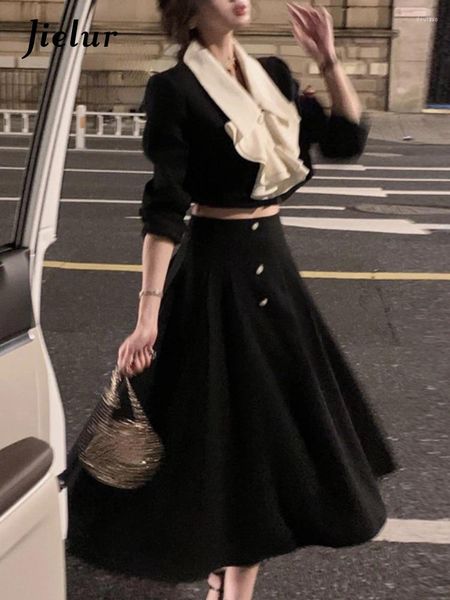 Vestidos de trabajo Coreano Negro Otoño Elegante Conjunto de dos piezas Vestido Mujer Vintage Manga larga Crop Tops Casual Office Lady Midi Falda Mujer