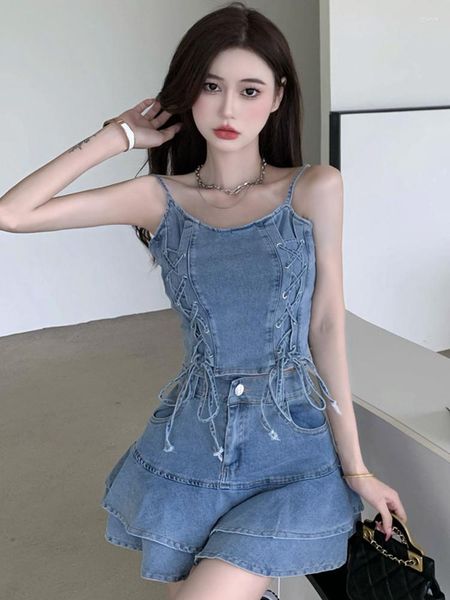 Vestidos de trabajo Denim coreano Club sexy 2 piezas Trajes Mujeres Correa Sin respaldo Tops cortos recortados Camisa Blusa Mini Falda Mujer Conjuntos delgados Verano