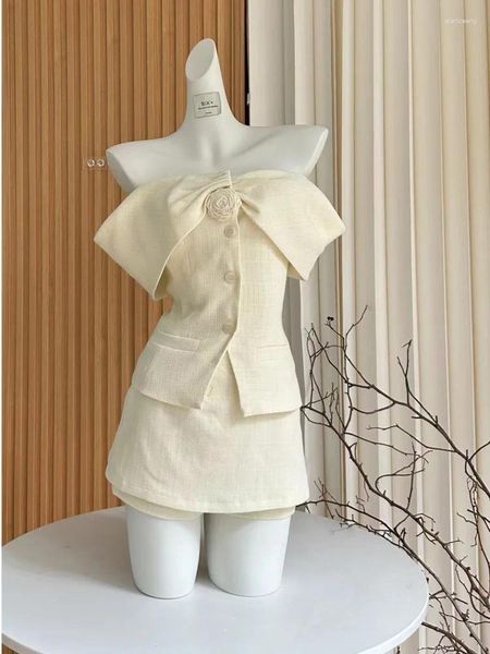 Robes de travail coréen élégant deux pièces ensemble femmes hors épaule français rétro shorts jupe costume femme été bureau dame doux mince 2024