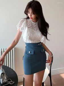 Robes de travail Mode coréenne 2 pièces tenues femmes douce dentelle blanche pure courte hauts courts chemise chemisier bleu mini jupe ensembles Mujer rue