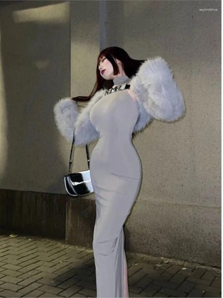 Vestidos de trabajo moda coreana 2023 Otoño Invierno traje de vestir para mujer chaqueta cálida de piel sintética Sexy a media pierna ajustado conjunto de dos piezas ropa femenina