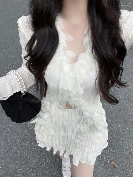 Robes de travail coréennes vêtements de mode femme blanc élégant 2 pièces ensemble chemisier transparent bureau dame mince moulante mini jupe 2023 automne