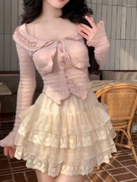 Robes de travail Mode coréenne solide 2 pièces robe ensemble femmes basique à manches longues doux chemisier femme taille haute dentelle Kawaii jupe 2023 été