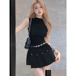 Vestidos de trabajo Moda coreana Dulce Conjunto de dos piezas para mujeres Sin mangas Crop Top Falda plisada Trajes Niñas Y 2 Trajes Drop Entrega Appa Otu6I