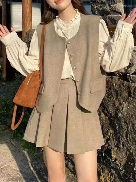 Robes de travail Fashion coréenne Femmes Juipes Elegant Suit Shirts Vintage Tops gilet et A-Line Saya 3 Pièces Set Female Party Clothes Spring