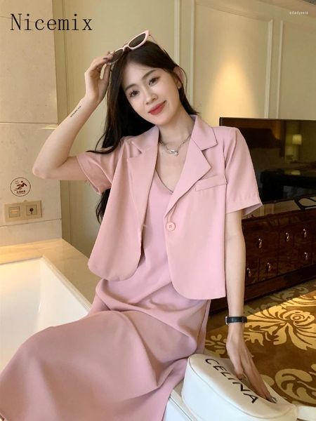 Robes de travail coréennes haut de gamme mode rose ensemble femmes 2024 printemps lâche manches courtes cardigan costume manteau robe fronde deux pièces tenues