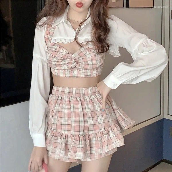 Vestidos de trabajo Coreano Kawaii Estampado a cuadros Blanco Rosa Falda Blusa Traje Suelto Cardigan Sling Chaleco Bodycon Mini Chic Y2K Conjunto de 3 piezas Mujeres