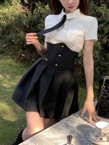 Robes de travail Style Preppy coréen Y2k, ensemble deux pièces pour femme douce, chemisier à manches courtes, Mini jupe, costume d'université Harajuku pour fille Kawaii