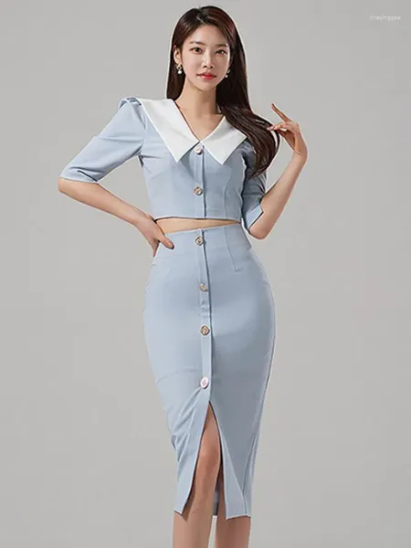 Robes de travail coréen jolie style 2 pièces tenues femmes élégant sexy blue lacet up crop tops chemise chemisme femme slit midi jupes