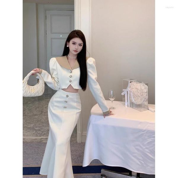 Vestidos de trabajo Oficina de estilo coreano Traje de dama Otoño de mujer Abrigo corto Cintura alta Sirena Falda larga Conjunto de dos piezas Moda Ropa femenina