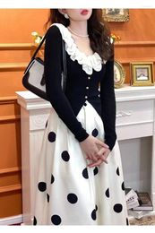 Robes de travail Suit de style coréen femme décontractée élégant point midi jupe à manches longues noires tops slim slim 2 pièces robes section femelle au printemps automne