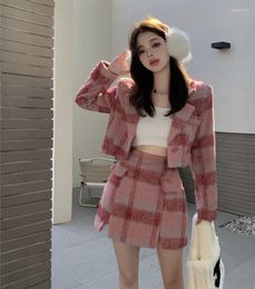 Robes de travail Style coréen Sweet Girl Costume Rétro Coton Laine Veste Taille Haute Jupe Femmes Automne Et Hiver Deux Pièces Ensemble Vêtements Féminins