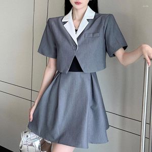 Werk Jurken Koreaanse Stijl Tweedelige Set Vrouwen Elegante Korte Mouw Blazer Crop Jas Riem Mini Sets Vrouwelijke Casual Vintage Jurk pak