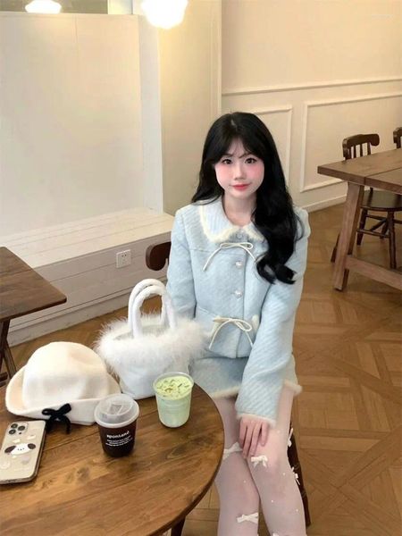 Vestidos de trabajo Coloque coreano Collar de cuello de lana de lana A-línea Set de dos piezas Mujeres Famá