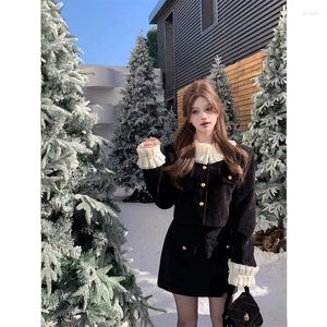 Werkjurken Koreaans zoete meisjespak dames herfst/winter gegolfde kraag korte jas hoge taille a-line mini rok tweedelige set vrouw