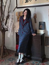 Robes de travail coréennes en deux pièces jupe rétro briseur de vent de conception féminine de conception couleurs de couleur plaid plaid printemps automne femme décontractée