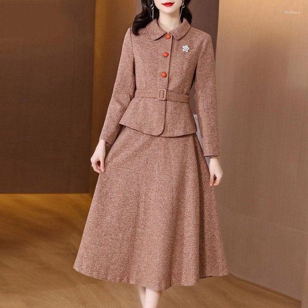 Vestidos de trabajo Traje de dos piezas coreano Falda Mujer Otoño e invierno 2023 Moda para mujer Elegante Chaqueta delgada Conjunto de lana Traje M1535