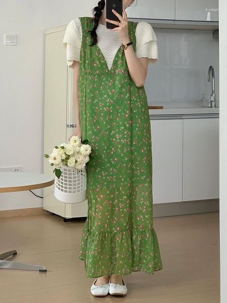 Robes de travail Korean Vitality Girl Temperament Summer Fresh And Playful Réduction de l'âge Split Fishtail Jarretelles Jupe Robe Spliced Print