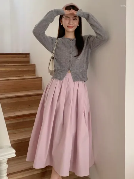 Vestidos de trabajo Mujeres coreanas Falda de otoño Trajes Casual Manga larga Cárdigan gris Una línea Rosa Midi Mujer Primavera Vintage Sólido 2 piezas Conjunto