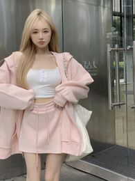 Vestidos de trabajo Korejepo Pink Sweet Sweater Trajes de manga larga con capucha Mujeres sueltas Otoño 2023 Cardigan Slouchy Estilo Overlay Coat Top