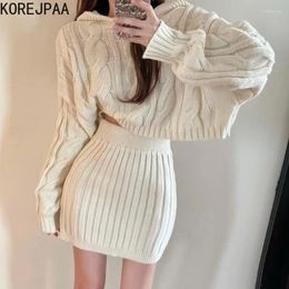 Robes de travail Korejpaa tricots deux pièces ensembles 2024 automne mode à capuche pull court Pull Femme taille haute moulante mini jupes vêtements