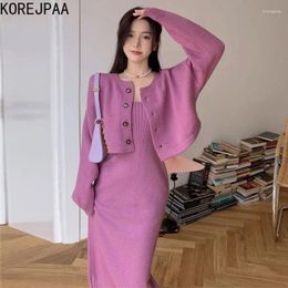 Vestidos de trabajo Korejpaa Knitwear Sets de dos piezas Mujeres Elegantes Vestidos de punto de punto ondulado Cardigan de manga larga de manga larga de otoño