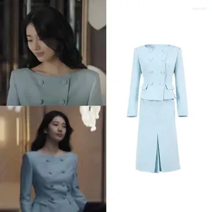 Robes de travail Kpop 2 pièces ensemble femmes Double boutonnage Blazer coréen drame étoile élégant une ligne genou longueur fente jupes deux ensembles