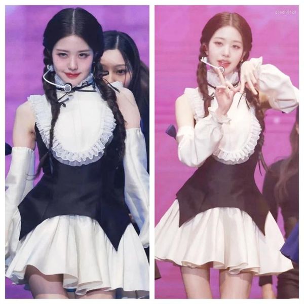 Vestidos de trabajo Kpop Girl Group Jang Won Young Sexy Blanco fuera del hombro Vestido de manga de empalme delgado Mujeres Club nocturno Chicas Chaleco Conjunto de dos piezas