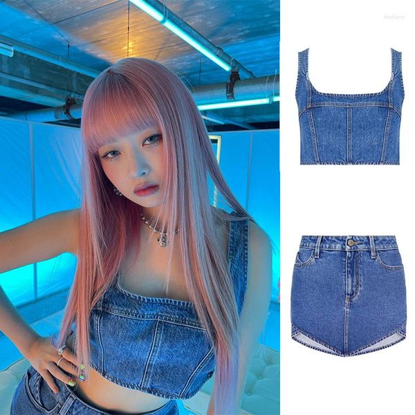 Robes de travail Kpop IVE Femmes Sexy Sans Manches Off-Shoulder Denim Sling Vest Crop Tops Bleu Taille Haute Mini Jupe Discothèque Fille 2 Pièces Ensemble