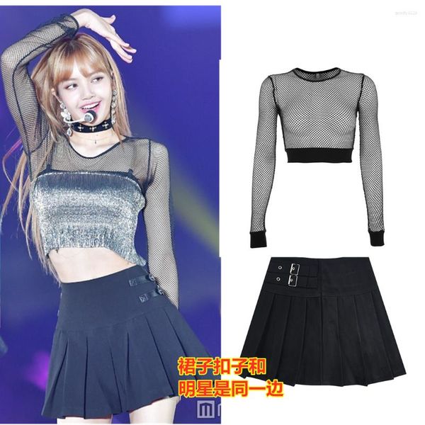 Vestidos de trabajo kpop celebridad coreana sexy lente de lentejuelas perspectiva de chaleco de chaleco camisetas de malla tops negros delgados de cintura alta de cintura a mini faldas para mujeres