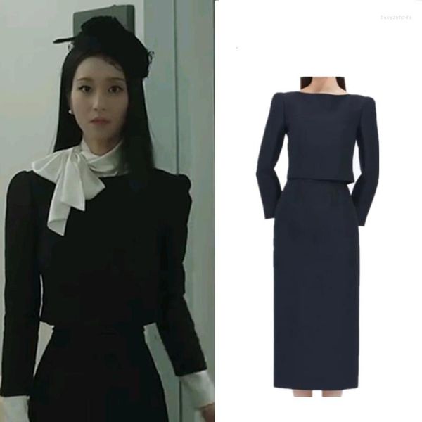 Robes de travail Kpop Drame Coréen Seo Yea Ji Mince Taille Haute Jupe Longue Droite Femmes Fête Élégante Chemises Blanches Tops Courts Hoodies Dames