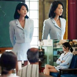 Werk Jurken KPOP Seo Yea Ji Mode Hemelsblauw Korte Jassen Jas En A-lijn Rok Pak Koreaanse Elegante Hoge Kwaliteit Vrouwen Tweedelige Set