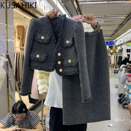 Robes de travail kusahiki mode deux pièces femmes sets 2024 automne hiver court manteau haut taille élégante jupe mince de style coréen